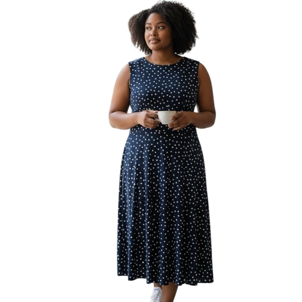 LONDON TIMES Dot Sleeveless Inset Waist Dress Midi Fit-And-Flare, Navy&White, 16